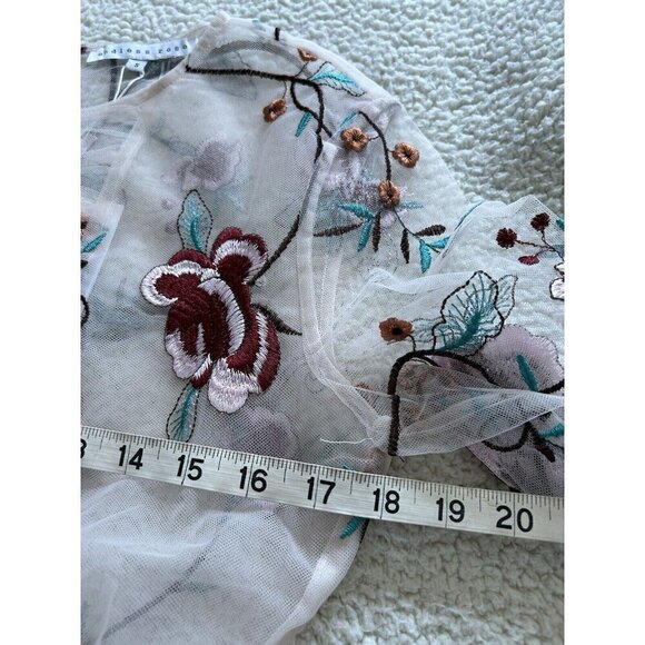 Endless Rose Long Sleeve Round Neck Embroidered Floral Mesh Top Beige/Red Size S - Picture 8 of 13